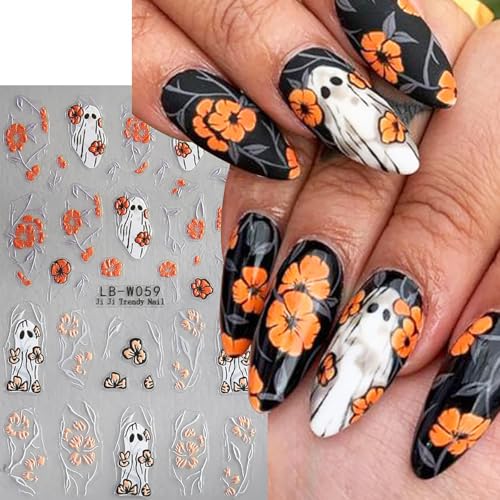 Halloween Ghost Nail Stickers 4 Sheets with Flower & Spider Web Designs - DIY Nail Art Decals