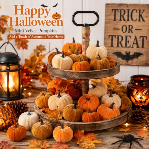 Velvet Artificial Pumpkins Decor Set - 12 Mini Fall Harvest Halloween Thanksgiving