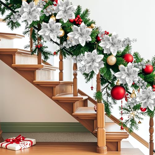 Christmas Glitter Poinsettia Ornaments Set - Silver, 50pcs with Clips & Stems