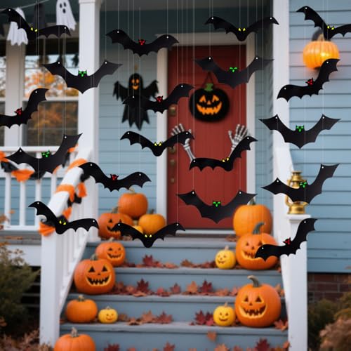 18Pcs Halloween 3D Hanging Bat Decorations with Glow Eyes Outdoor Spooky Set
