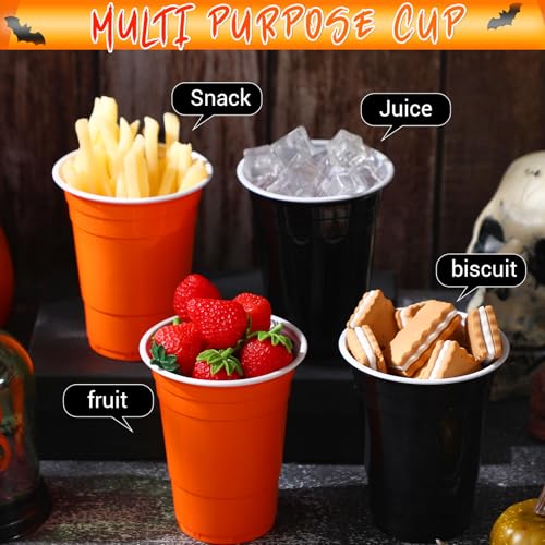 Halloween Plastic Cups 16oz - 50 Pack Disposable Black & Orange Party Cups
