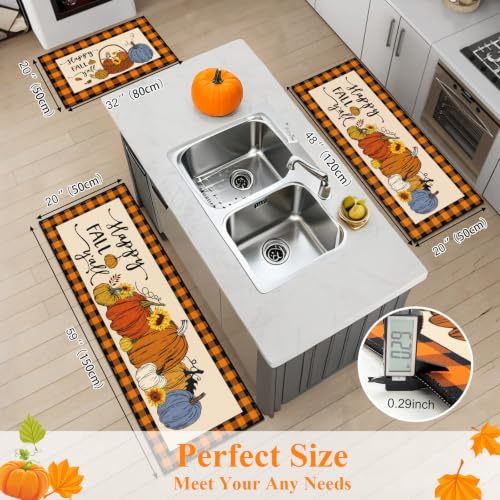 HEBE Fall Kitchen Rugs Set of 3 - Pumpkin Orange Washable Floor Mats with Runner 20x32, 20x48, 20x59 Inches