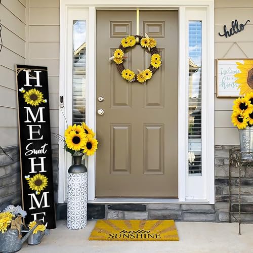 Black Sunflower Welcome Porch Sign for Front Door - Rustic Vertical Farmhouse Decor - 7.8x47.5 Inches