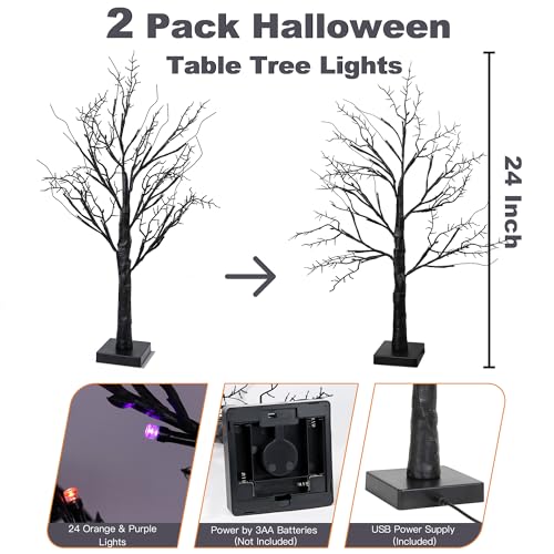 Halloween Black Tree with Orange & Purple Lights - 24 Inch Indoor Decor, Timer & USB Operated, Spooky Tabletop Decoration, 2 Pack