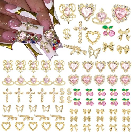 Pizadix 110 Pcs Gold Pink Nail Charms Set - Heart, Cherries, Bows & More, Variation: Gold Pink