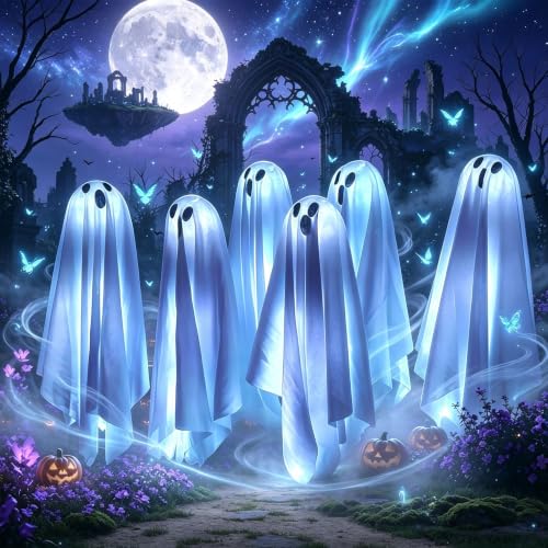 Solar Ghost Lights Outdoor Decorations - 6 Pack Spooky Pathway LED Stakes
