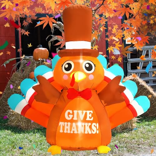 6FT Thanksgiving Inflatable Turkey with Blue Tail & LED Lights - Outdoor Holiday Decor