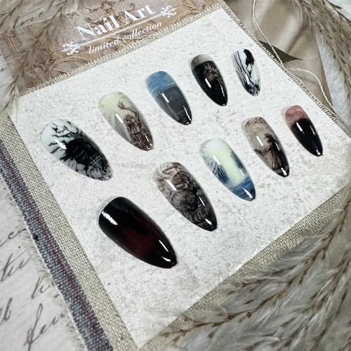 Press On Nails Medium Almond Blue Black Glossy Fake Nails - AP1-07 Blue - 24 pcs