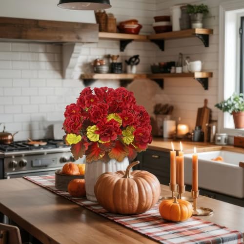 Fall Flowers Artificial Geraniums Set - Red Autumn Faux Decor, 2 Pcs