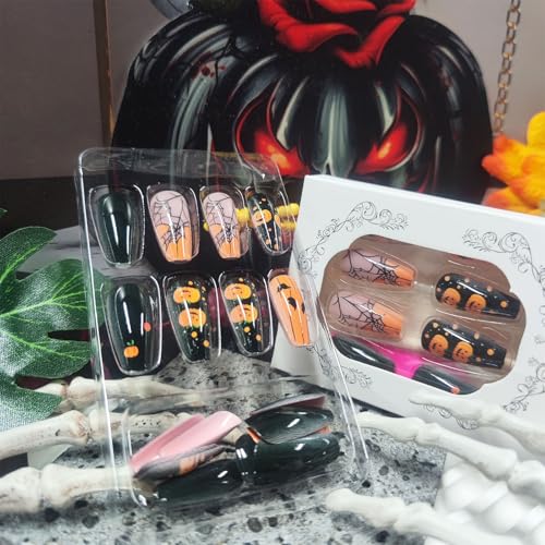 Halloween Press-On Nails 24Pcs Pumpkin & Spider Web Design - Variation 58
