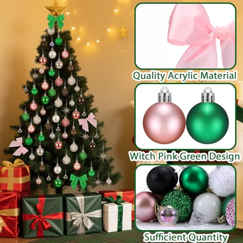 108 Pcs Christmas Ornaments Set - Pink Green Bows Stars Balls & Crystals