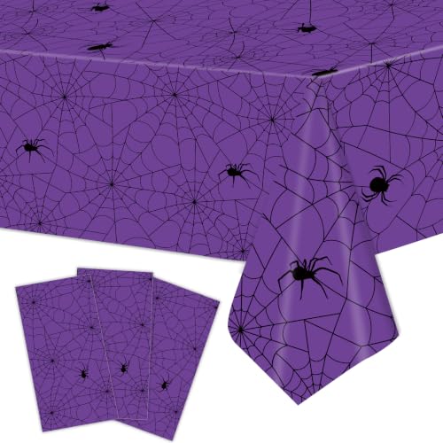 Purple Spider Web Halloween Plastic Tablecloths - Pack of 3, 54x108 Inches
