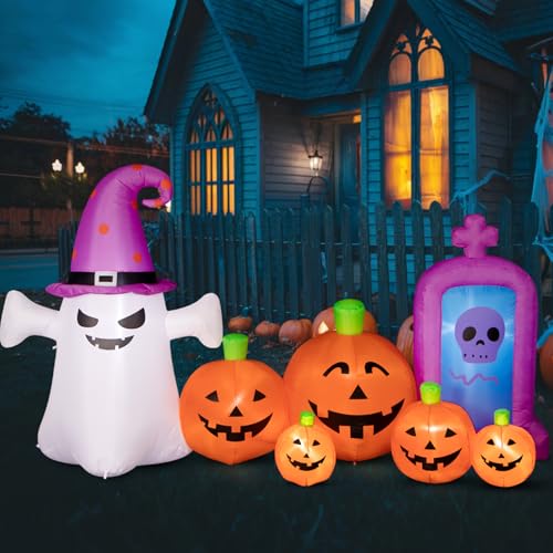 8ft Inflatable Halloween Pumpkin Ghost and Tombstone Outdoor Decor with LEDs