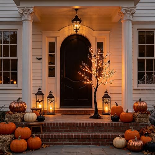 Black Halloween Tree with Lights - 4FT Spooky Indoor Outdoor Decoration with 150 Orange Fairy Lights - Variation: Black 150L Tree