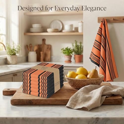 Urban Villa Cotton Kitchen Towels Set of 6 - 20x30 Inches, Orange & Black