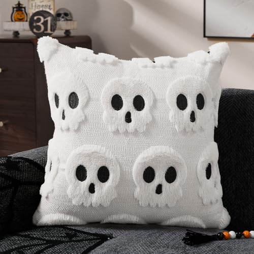 Halloween Pillow Covers 20x20 Inch Set of 2 White Skeletal Decor Plush Faux Fur