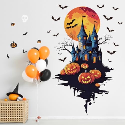 Halloween Haunted Castle Wall Decals Spooky Pumpkin Bat Wall Stickers - Halloween Party Decorations