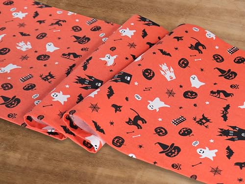 Halloween Table Runner 14x90 in Orange Black Cotton Haunted House Decor
