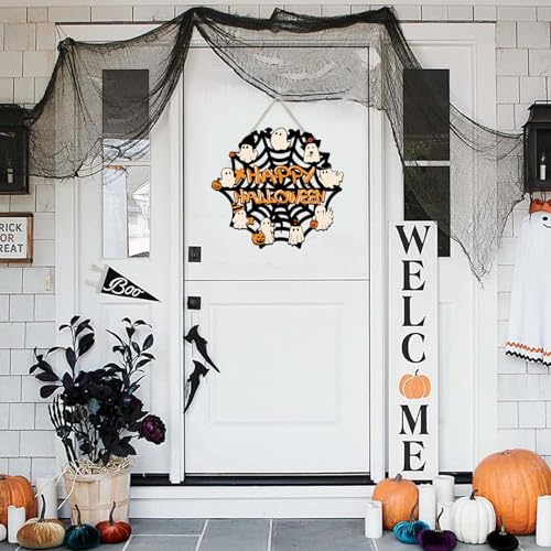 Halloween Ghost Door Sign Wreath - Rustic Wooden Wall Decor for Halloween