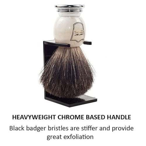 Parker 100% Black Badger Bristle Shaving Brush - Ivory Marbled Handle & Stand Included