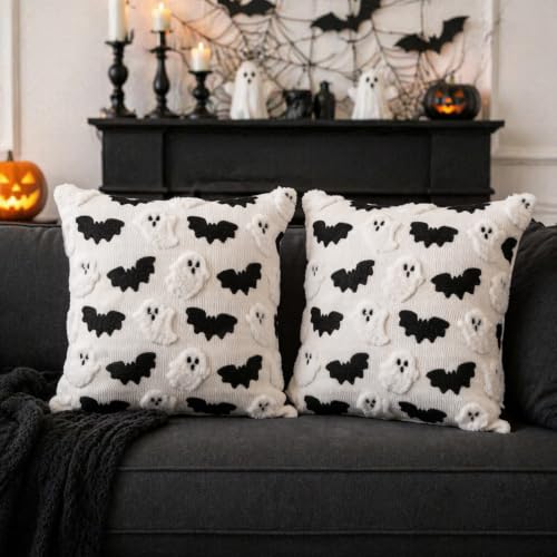 Halloween Throw Pillow Covers Set of 2 Ghost and Bat Design 18x18 Inches