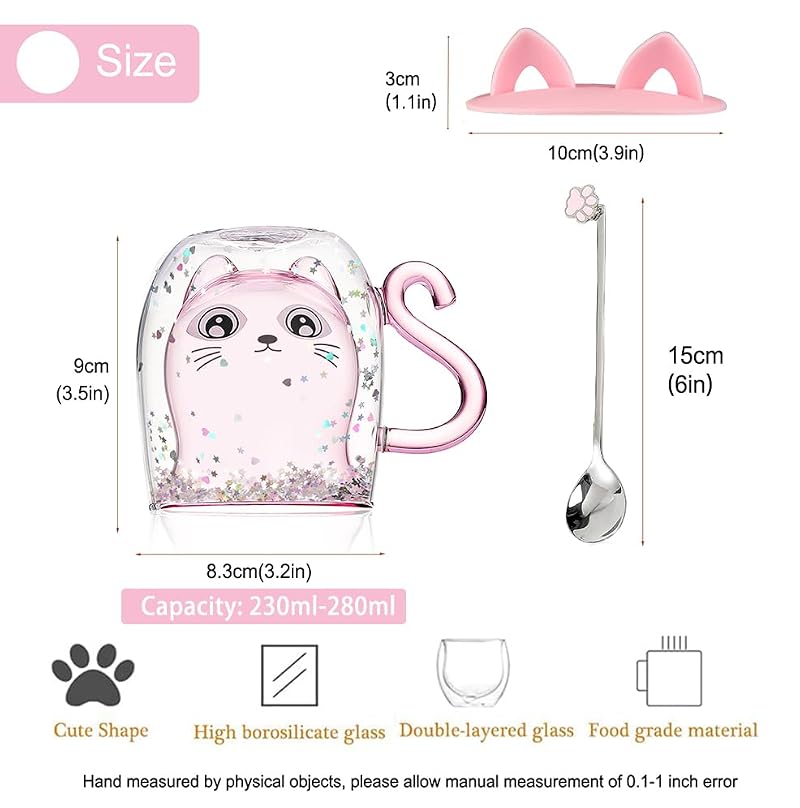 Glittery Pink Cat Mug - Double Walled Glass Coffee Latte Cup for Cat Lovers