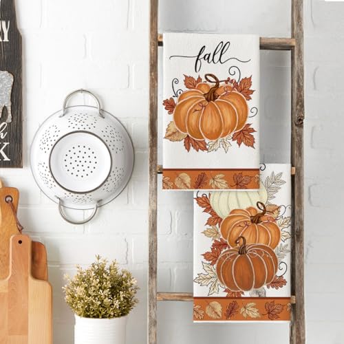 Orange Leaves Pumpkin Fall Kitchen Towels Set of 2 - 18x26 Inches