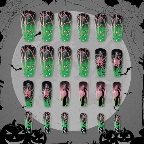 Halloween Green Gradient Fake Nails Set A7 - Coffin Shaped Glitter Tips with Spider Web Design, 24 Pcs