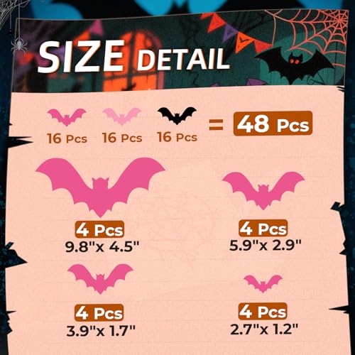 Pink Bat Halloween Decor 48Pcs Spooky Wall Stickers for Party & Outdoors - REMOVABLE