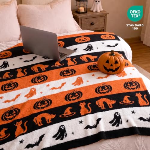Reversible Halloween Throw Blanket with Black Cat Witch Hat Pumpkin Design - 50x60 inches - Cozy Home Decor