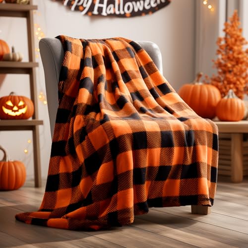 Halloween Throw Blanket - Buffalo Plaid Pattern, Orange & Black, 50x60 Inches - Fall & Holiday Home Decor