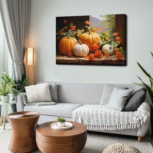 Pumpkin Canvas Wall Art - Fall Autumn Halloween Decor - 48x32 Inches - Rustic Framed Artwork for Living Room & Kitchen - Sunfrower