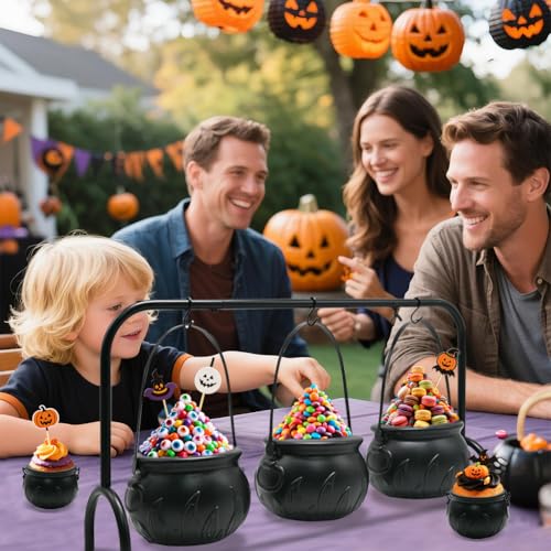 Halloween Cauldron Set with Rack - 3 Large & 6 Mini Black Plastic Cauldrons for Party Decor