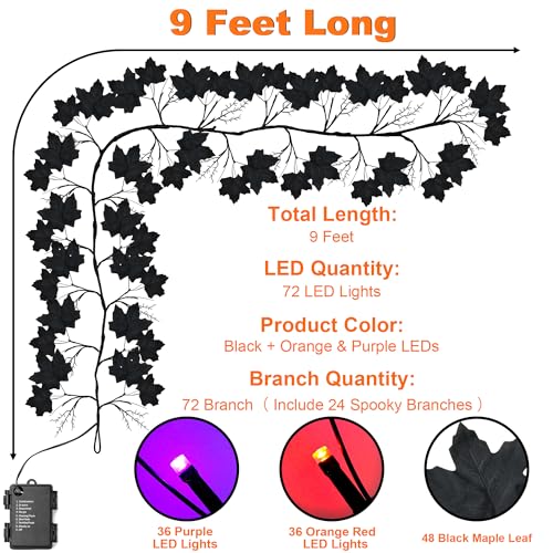 Halloween Willow Vine Twig Garland with 72 LED Lights - 9ft Orange & Purple, 8 Modes & Timer