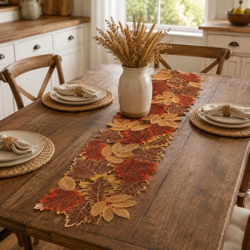 Brown Fall Maple Leaf Embroidered Table Runner 13x69 Inches for Autumn Decor