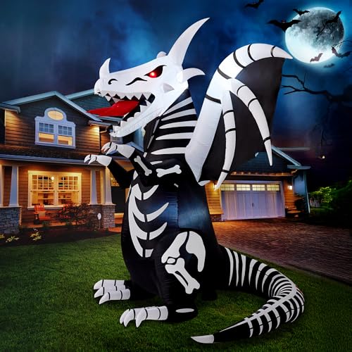 8 Ft Tall Halloween Skeleton Dragon Inflatable Yard Decoration with Red LED Eyes