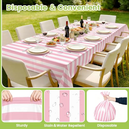 Pink and White Striped Tablecloth 54 x 108 Inch - 2 Pack, Rectangular Disposable Table Cover for Parties