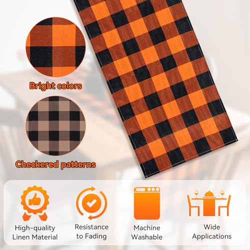 Halloween Checkered Table Runner - Black and Orange Burlap 13x72 Inches for Parties