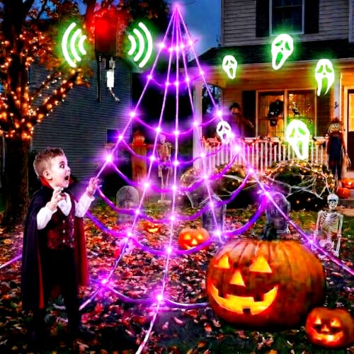 Halloween Spider Web Lights with Motion Sensor and Sound – 20x17 ft Waterproof Outdoor Decor