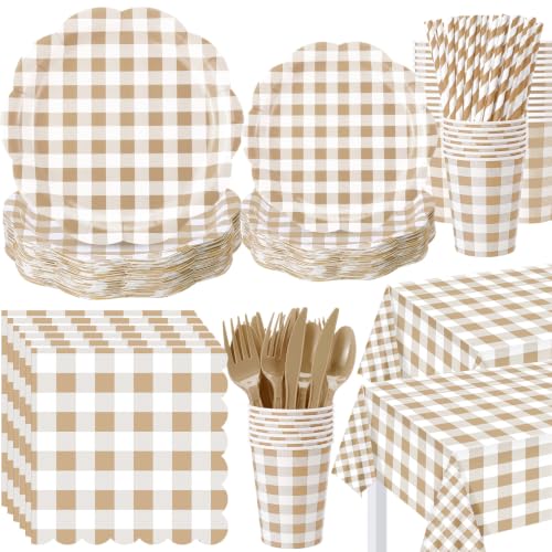 Gingham Party Supplies Set - Brown and Beige Disposable Plates Napkins Cups Cutlery & Tablecloth - 452 Pieces