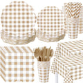 Gingham Party Supplies Set - Brown and Beige Disposable Plates Napkins Cups Cutlery & Tablecloth - 452 Pieces