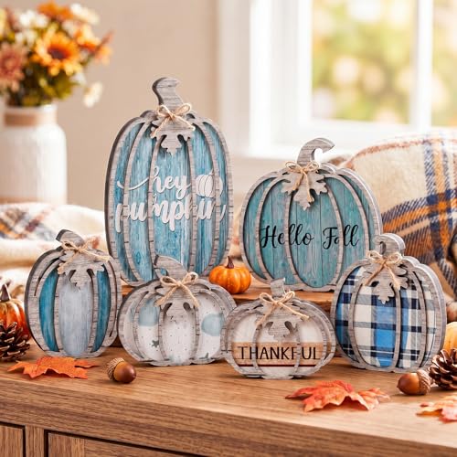 Blue Fall Pumpkin Decor Set - 6 Pcs Thanksgiving Table Centerpiece with Variations