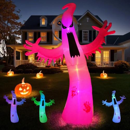 Giant 12FT Inflatable Ghost Halloween Decoration with 4-Color LED Lights, Water Bags & Stakes