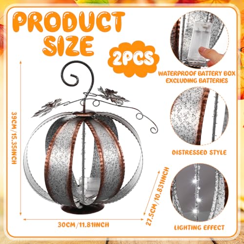 2 Pack Fall Solar Metal Pumpkin Decor with LED Light - Outdoor Thanksgiving Yard Art