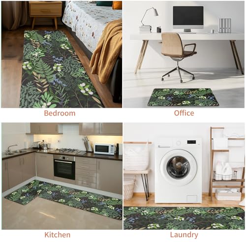 Petmolico 2Pcs Anti-Fatigue Kitchen Mats - Black & Green Plant Leaf Design, Non-Slip Cushioned Support