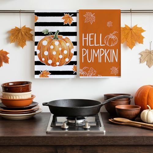 Pumpkin Stripe Fall Kitchen Towels Set of 2 - 18x28 Inches, Autumn Decor