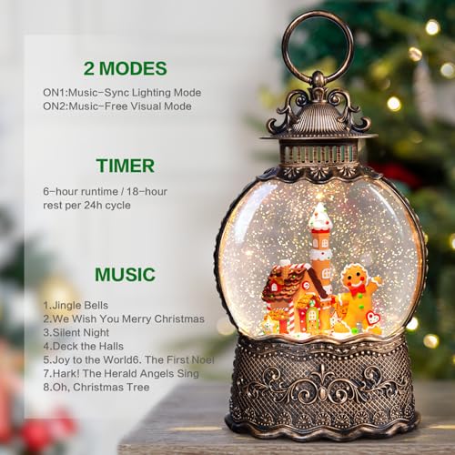 Christmas Snow Globe Lantern - Gingerbread Man Musical Decor with Swirling Glitter, Timer & USB Power
