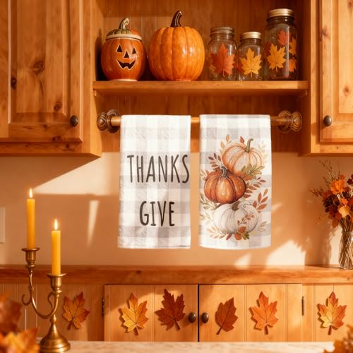 Fall Kitchen Towels Set of 4 - Pumpkin Buffalo Plaid Home Decor - Orange Pumpkin