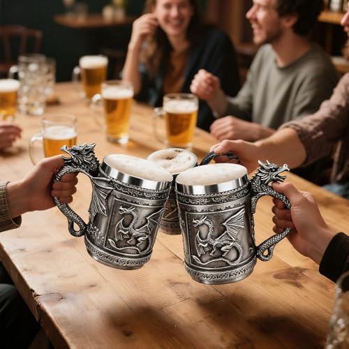 Silver Medieval Roaring Dragon Beer Mug 16oz - Gothic Viking Tankard, Unique Gift