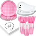 Pink Halloween Ghost Paper Plates and Cups Party Set - 144 pcs with Napkins & Cutlery